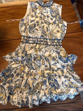 MSK Blue and Yellow Floral Sleeveless Tiered Ruffle Dress